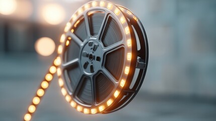 Obraz premium Vintage film reel with illuminated edges against a blurred background creating a nostalgic atmosphere for film and cinema-related projects and designs