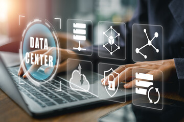 High-tech data center showcasing digital interfaces, cloud computing, and secure data management solutions.