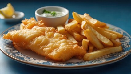 Golden fried fish and chips with creamy tartar sauce and lemon wedge on a vintage plate, perfect for a delicious seafood dinner promotion