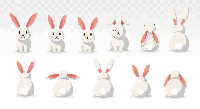 Set of cute white bunnies, representing Easter celebrations, available for use in various projects