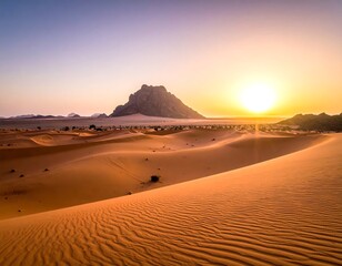 A vibrant desert landscape under a glowing sunrise. Rolling dunes, a distant mountain, and a bright sun fill the image