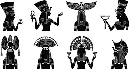 Ancient Egyptian women silhouettes, traditional headdress, symbolic gestures, ankh, lotus, winged sun, cultural icons, mythology, royalty, black profile art