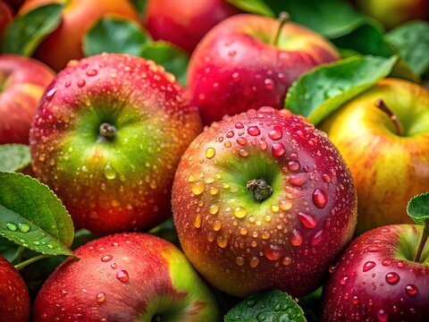 Closeup of fresh red and green apples with water droplets on their skin, surrounded by leaves - Powered by Adobe