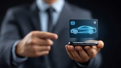 Businessman holding smartphone with holographic car payment card for digital auto insurance, car buying, or ride-sharing app concept