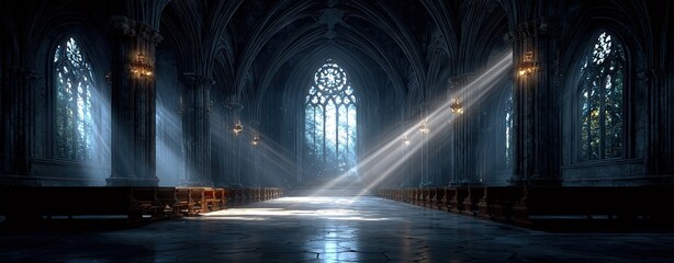 Majestic Gothic Cathedral Interior with Tall Stained Glass Windows Bathed in Dramatic Sunlight Rays illuminating Dark Stone Architecture