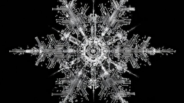 The artwork presents a striking snowflake pattern made of circuit designs, highlighting the fusion of nature and technology against a deep black backdrop.