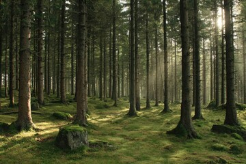 Sunlight filtering through a dense pine forest
