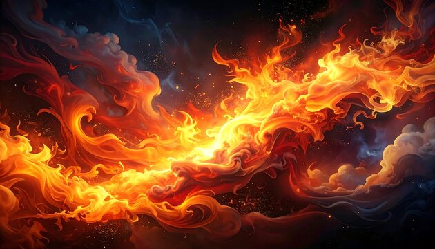 Vibrant abstract of fiery flames and swirling smoke in deep space