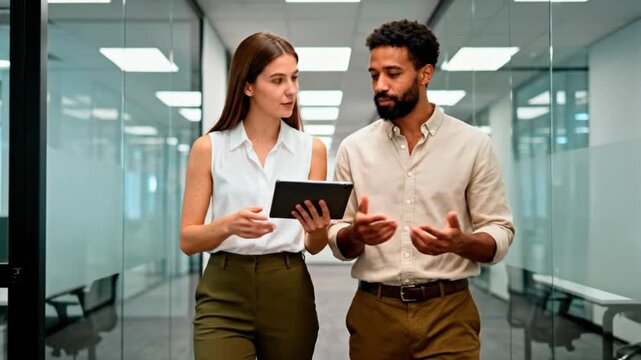 Diverse colleagues with tablet walking in office