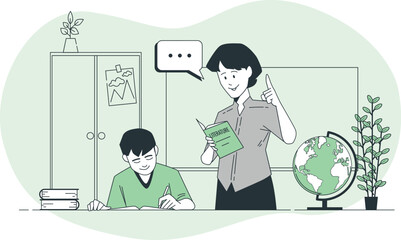 Teacher instructing a student in a classroom with a globe and books education learning