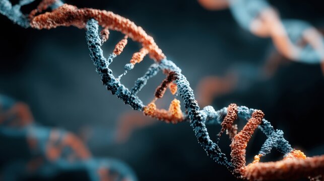 A close-up of DNA strands shows their double helix structure in vivid colors and textures against a dark background, emphasizing their complexity.