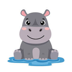 Fototapeta premium Cute Cartoon Baby Hippopotamus Sitting in Water Puddle, Adorable African Animal Character, Isolated Vector Illustration
