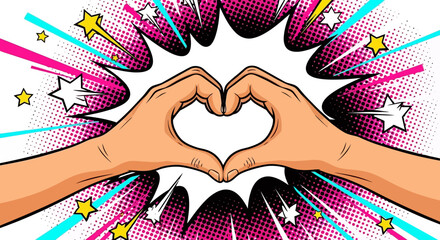 Hands Forming Heart Symbol in Comic Book Style with Bursting Star Background