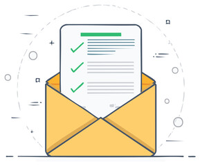 Open yellow envelope revealing a document with three green checkmarks and text