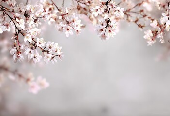 Obraz premium Delicate pink blossoms on branches against a soft gray background
