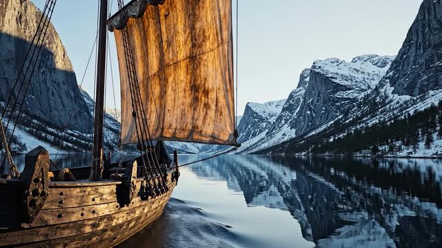 Voyage to the Silent Peaks A Majestic Viking Ship in a Norwegian Fjord
