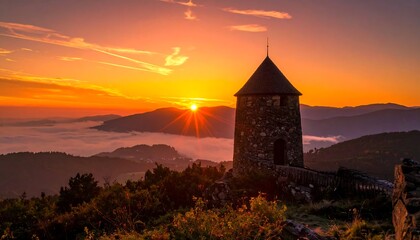 A majestic stone tower overlooks a valley blanketed in fog, bathed in the vibrant hues of a spectacular sunset