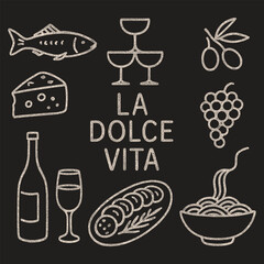 La Dolce Vita Italian Food Line Art – Wine, Cheese, Fish, and Grapes Vector Design
