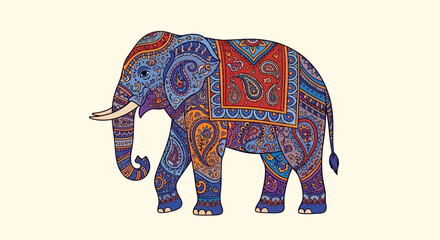 Intricate Indian Elephant Illustration with Colorful Paisley Designs
