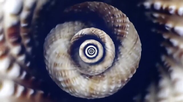 Mesmerizing close-up shot of a spiral seashell, showcasing its intricate natural patterns and the captivating golden ratio in its design, perfect for nature and abstract themes.