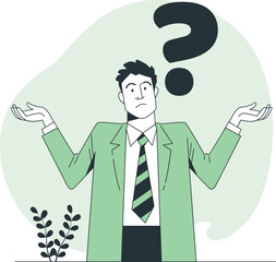 Confused man shrugging with a large question mark above his head Keywords: confusion, question, man, shrugging, uncertainty, doubt, dilemma, problem, thinking, puzzled, clueless, indecision