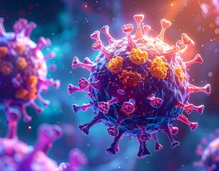 Close-up, digitally rendered illustration of a virus cell, with vibrant colors