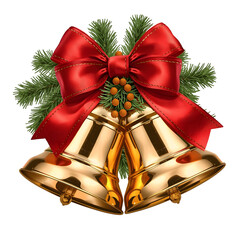 Golden christmas bells with red bow isolated on transparent background