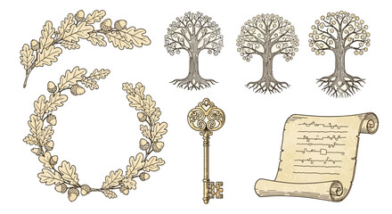 Elegant heritage vector elements with family tree wreath, vintage key, and lineage scroll for genealogy branding