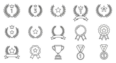 Elegant Achievement Icons Laurel Wreaths, Medals and Trophies Set