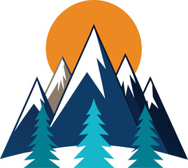 Obraz premium Stylized illustration of snow capped mountains behind evergreen trees with a bright orange sun setting or rising