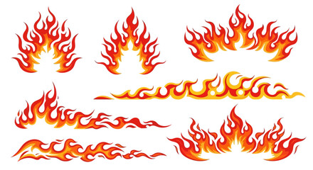 Dynamic Set of Fiery Flame Graphic Elements for High-Energy Designs A Collection of Stylized Blazes and Hot Rod Style Decals, Perfect for Adding Intensity to Any Project