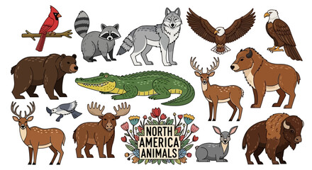 Fototapeta premium Diverse Collection of North American Wildlife Illustrations Featuring Iconic Animals like Bears, Wolves, Eagles, and Deer in a Charming Cartoon Style for Educational and Creative Projects