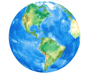 Illustration of the earth, showing continents, oceans, and landforms in watercolor style art
