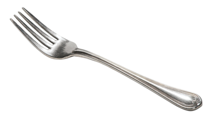 Shiny silver fork, an isolated metal utensil for dining, is perfectly centered on a white background
