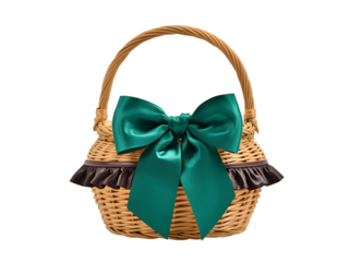 Wicker basket with green bow isolated on transparent background