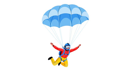 Exciting aerial adventure with a person skydiving with a blue parachute against a white background, extreme sports fun
