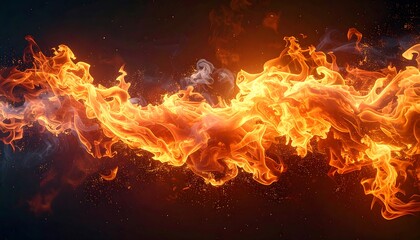 A mesmerizing illustration of a fiery inferno in the darkness. Vibrant orange and yellow flames dance and twist creating a dynamic effect