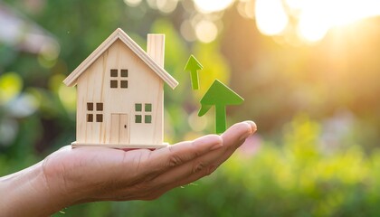 A miniature wooden house rests in a hand with a green upward arrow. The blurred background shows sunlight and green foliage
