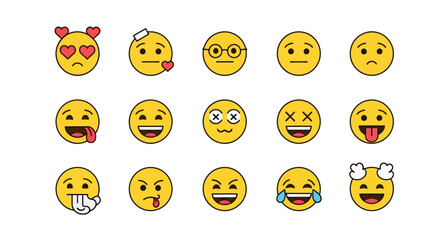 Diverse Set of Emoji Icons Displaying Various Emotions and Facial Expressions in Flat Design