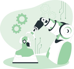 Robotic arm assembling a robot head with gears and circuits in the background robotics artificial intelligence