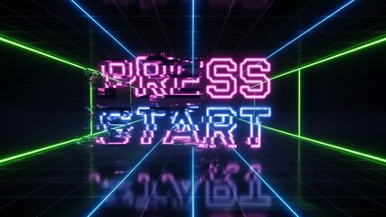 Retro arcade 'Press Start' glows on vibrant neon grid, 80s nostalgia awaits! - Powered by Adobe