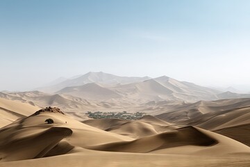 Desert expanse, mountains, oasis