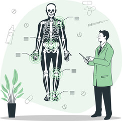 Doctor explaining human skeleton and joints to patient human body anatomy