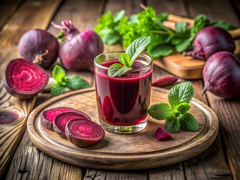 Freshly squeezed beetroot juice in a glass with whole and sliced beets on a rustic wooden table - Powered by Adobe