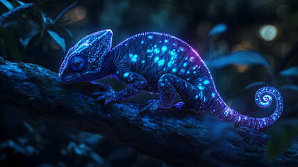 An AI-chameleon with shifting digital skin patterns blending with a luminous tree 