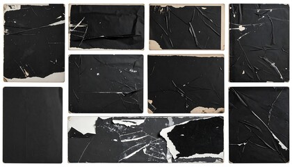 A montage of aged, black rectangles with crinkles and wear, appearing like torn paper, showcasing an abstract textural collage