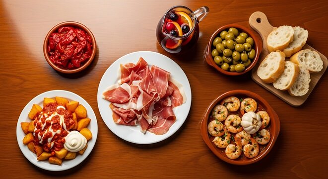 A vibrant spread of traditional Spanish tapas including jamon, patatas bravas, olives, shrimp, bread, and sangria on a wooden table. - Powered by Adobe