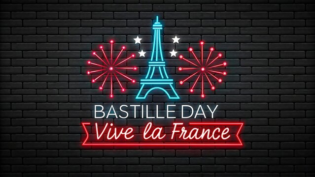 Bastille day neon sign with eiffel tower and fireworks glowing on dark brick wall background
