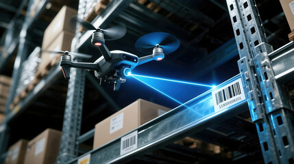 Autonomous drone scanning barcode warehouse with ai industry workflow, blue laser beam maps shelf inventory, modern logistics technology feels