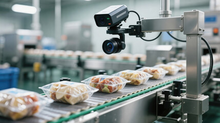 Industrial camera food packaging quality control conveyor belt automation factory machine vision production line inspection plastic tray calm